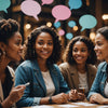 Diverse women discussing feminine health topics with speech bubbles highlighting key points.