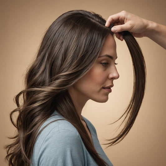 New mother brushing hair with strands falling out.