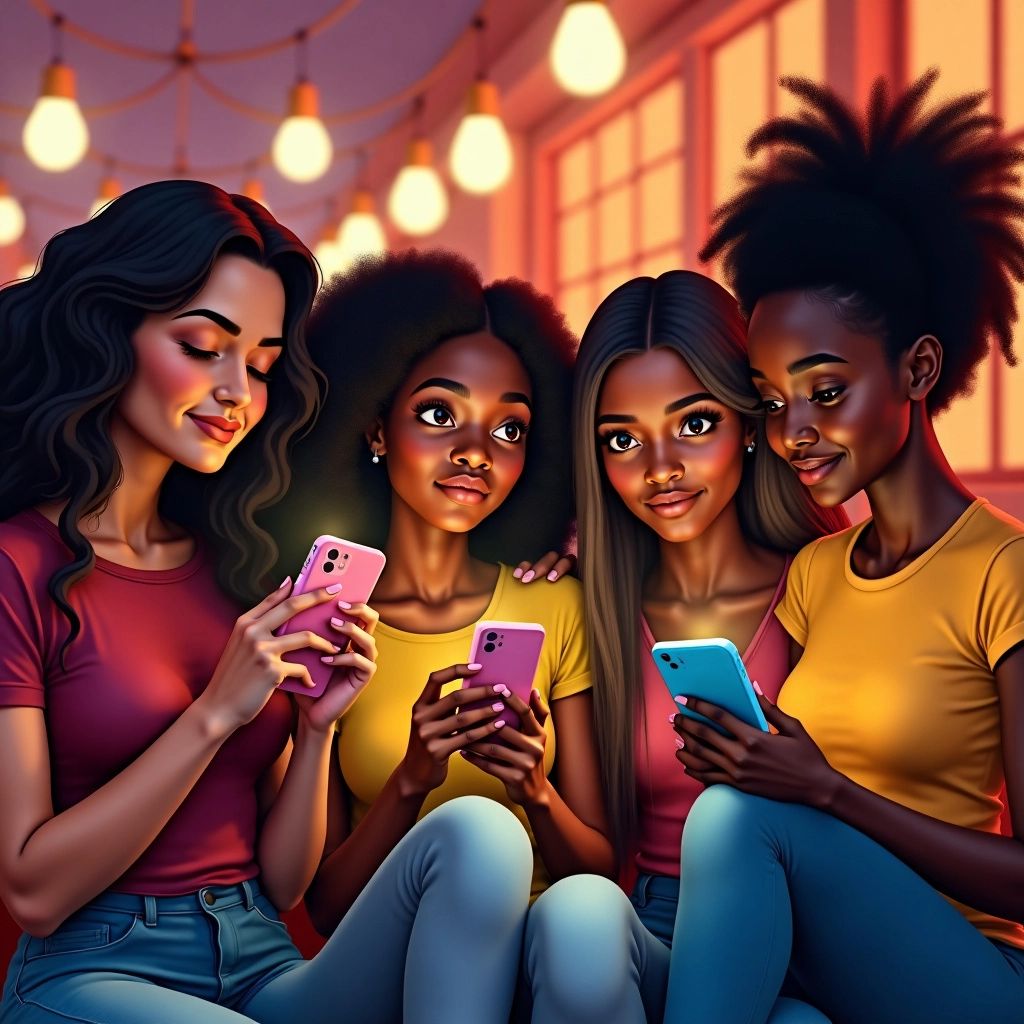 Diverse people using smartphones to discuss periods.