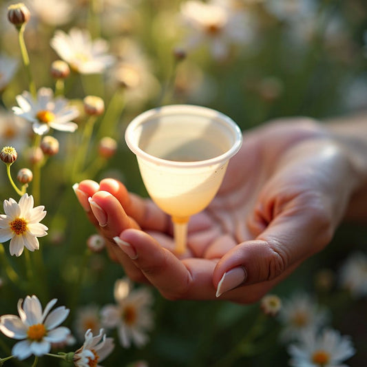 Close-up of a menstrual cup with flowers in background.