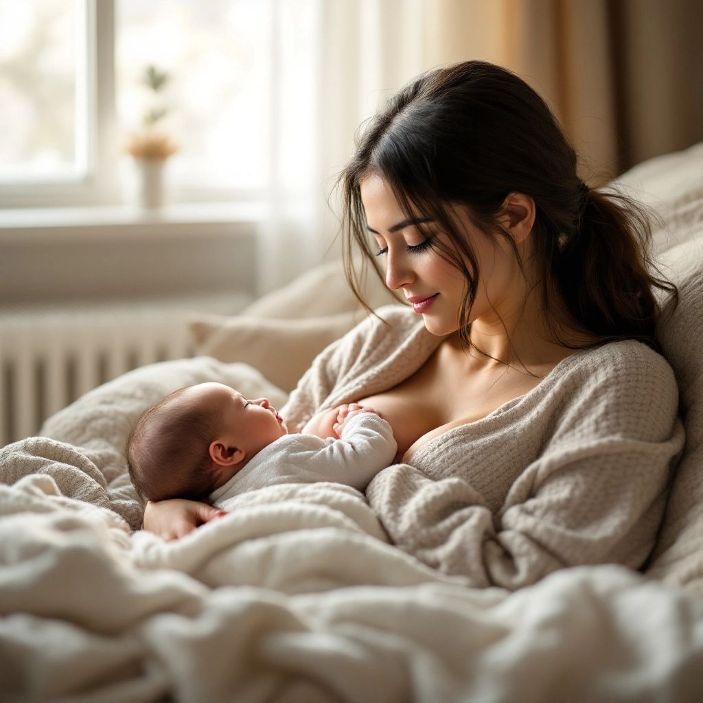 Mother breastfeeding baby in a cozy, softly lit room.