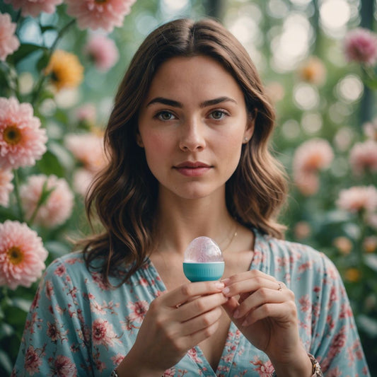 Woman holding menstrual cup, looking relieved, with soft colors and floral patterns in the background.