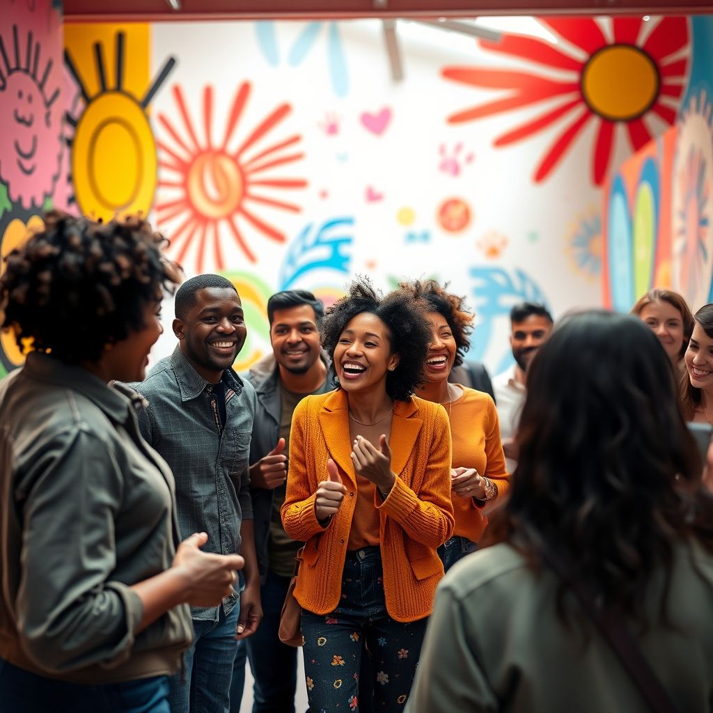 Diverse group joyfully interacting in vibrant space.