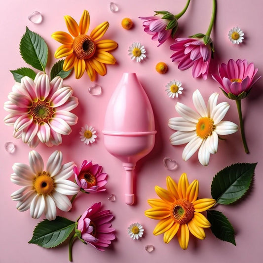 Vibrant flowers and a menstrual cup on a soft background.