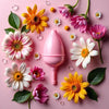 Vibrant flowers and a menstrual cup on a soft background.