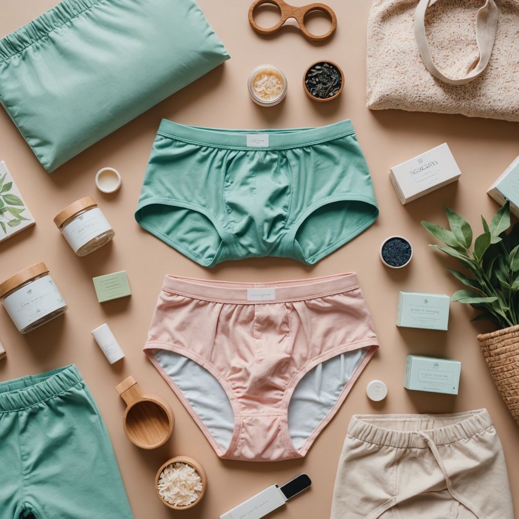 Eco-friendly period underwear and sustainable gift items like reusable bags, bamboo toothbrushes, and organic soaps arranged on a pastel background.