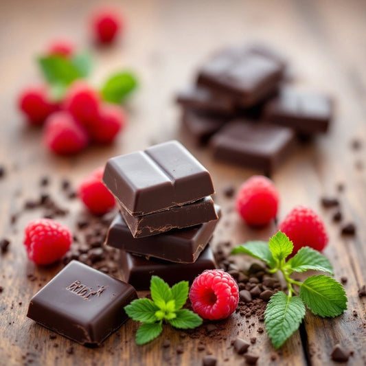 Dark chocolate with raspberries and mint on a wooden table.