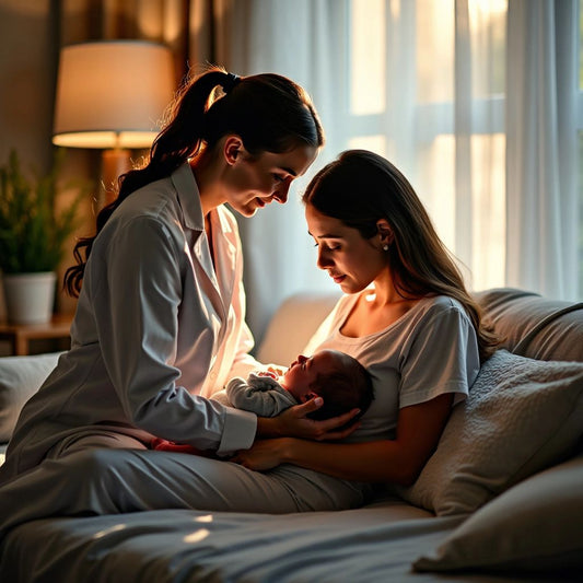 Lactation consultant helping a new mother breastfeed.