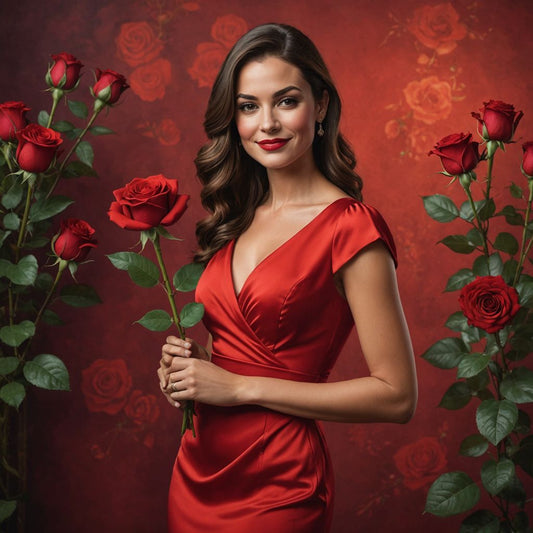 Confident woman in red dress holding a rose