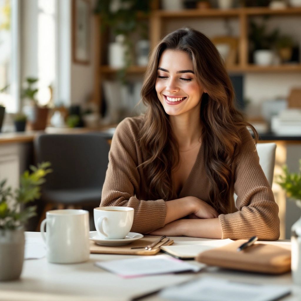 Woman at desk with tea and heating pad.