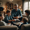 Father teaching children in a warm, inviting home setting