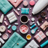 Flat lay of period essentials including pads, tampons, menstrual cup, pain relief medication, hot water bottle, and chocolate.