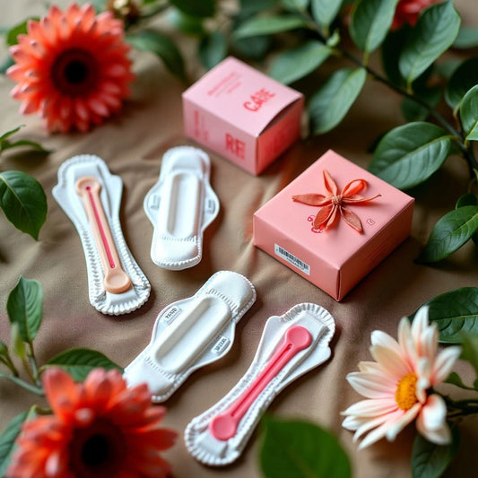 Menstrual products on a textured surface with natural elements.