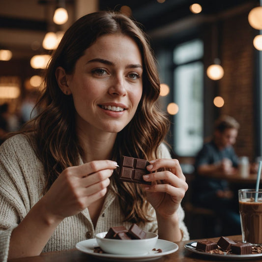 Woman eating chocolate to manage period cravings