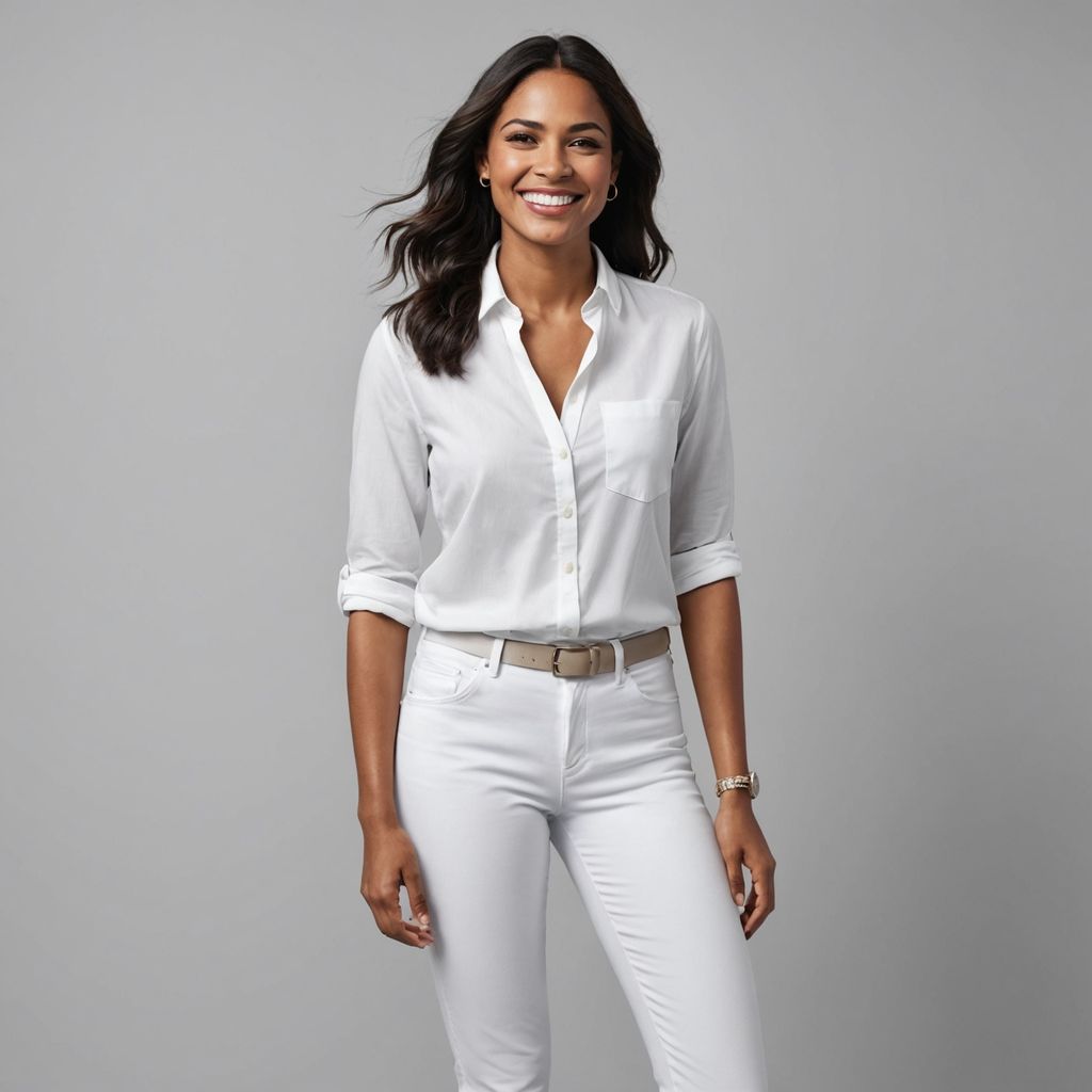 Woman confidently wearing white pants, smiling.