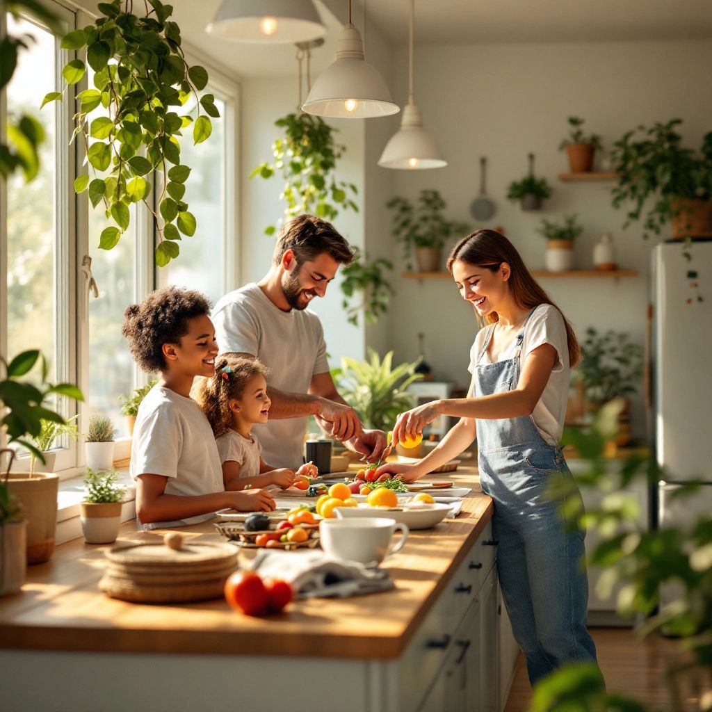 Family enjoying energy-efficient appliances in a bright kitchen.