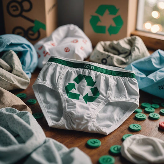 Period underwear with recycling symbols, highlighting eco-friendly disposal methods for sustainable menstrual products.