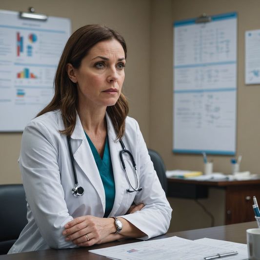 Woman in doctor's office, looking concerned.