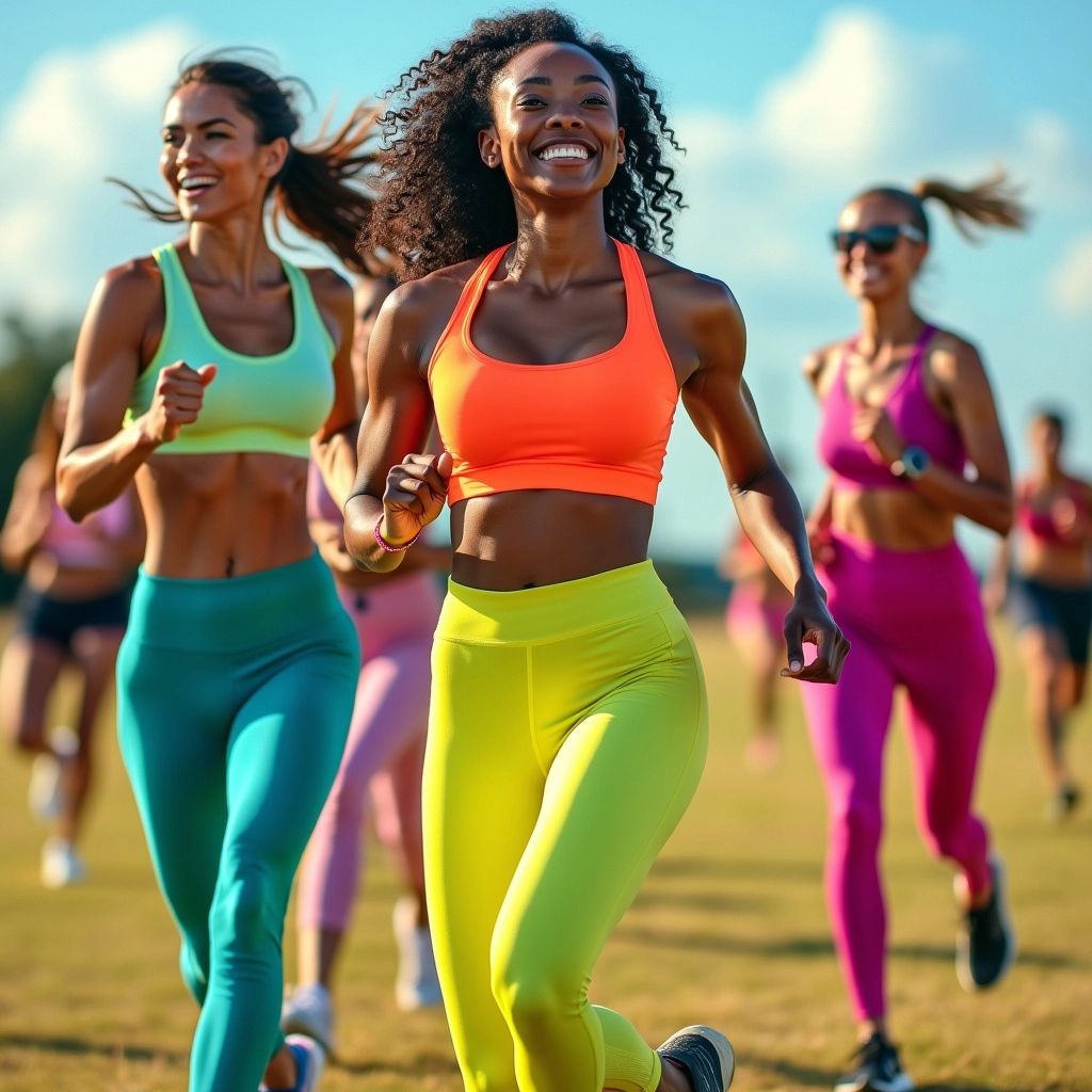 Diverse women in colorful activewear exercising outdoors.