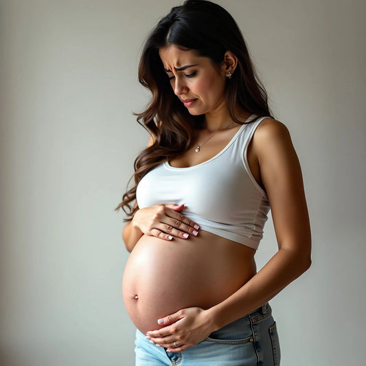 Pregnant woman touching belly, looking concerned.