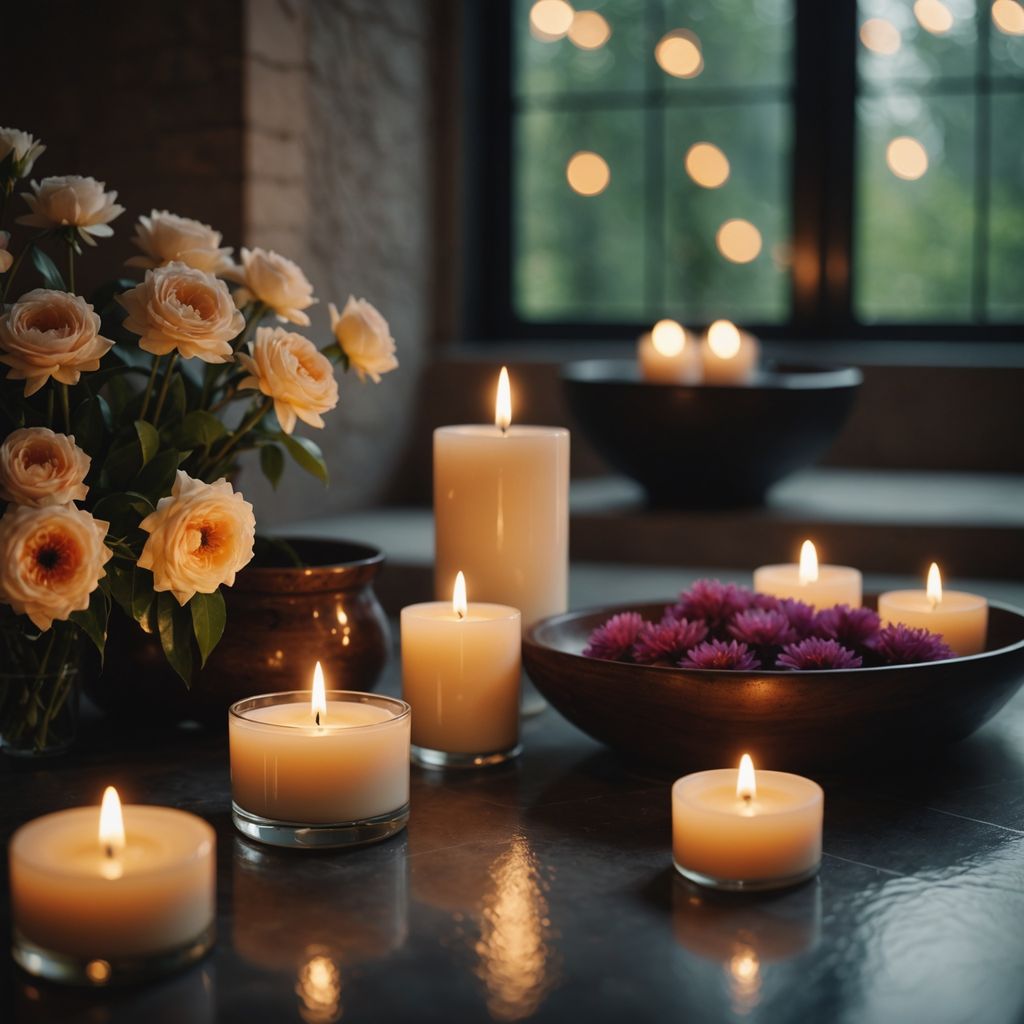 A peaceful spa scene with candles and flowers.