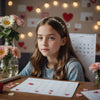 Young girl with a calendar, symbolizing her first period, surrounded by hearts and flowers for support and comfort.