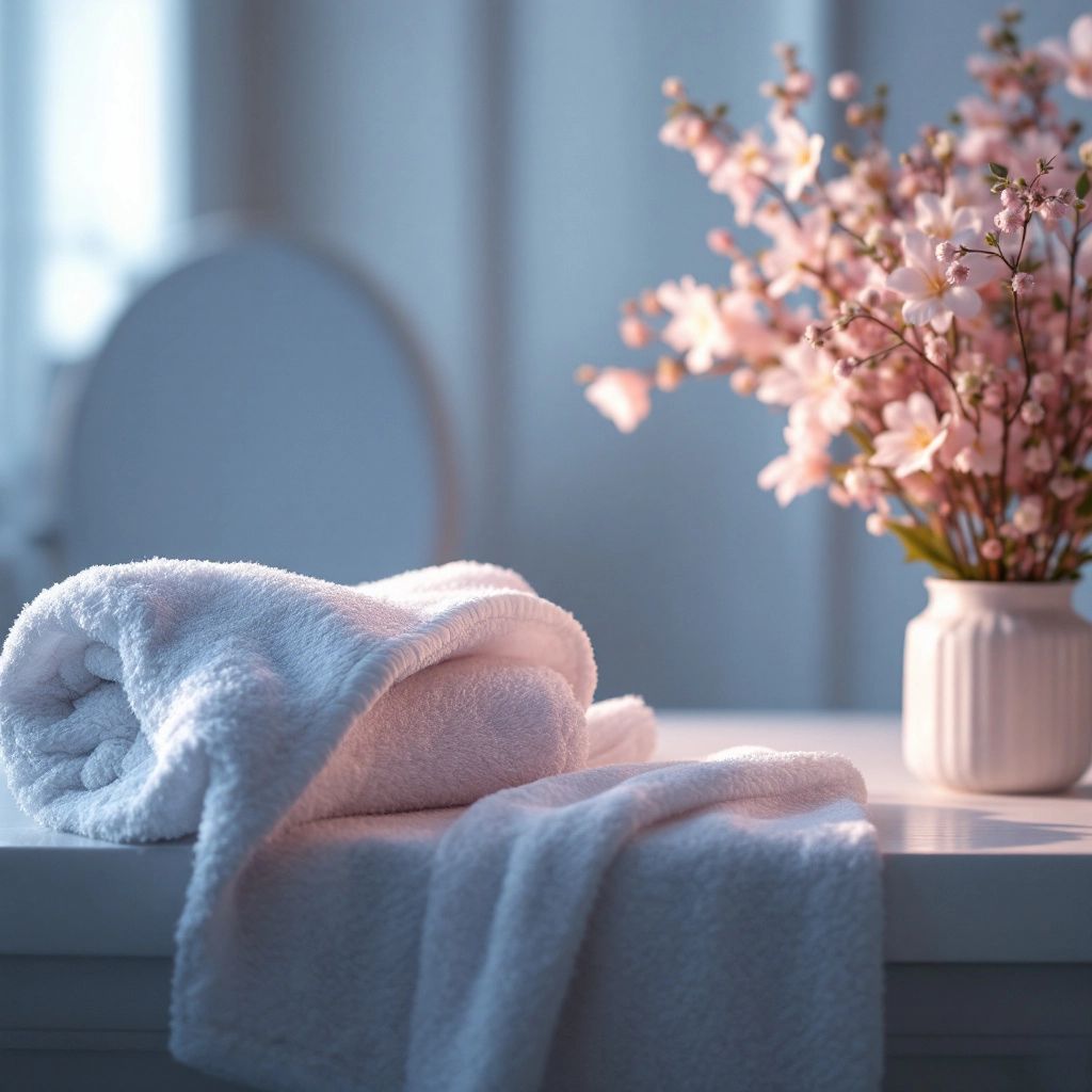 Serene bathroom with soft lighting and delicate flowers.