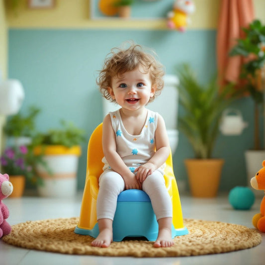 Child happily using a colorful potty in a bright bathroom.