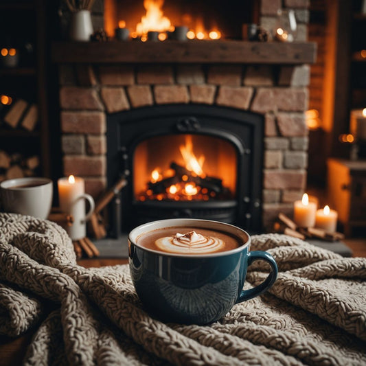 A cozy winter scene with a fireplace and blanket.