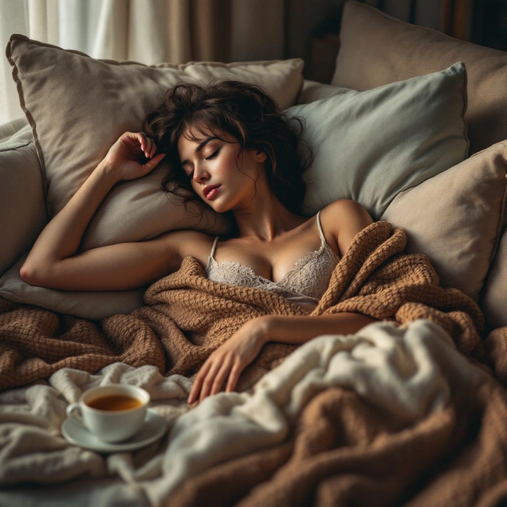 Woman resting on a couch with tea and pillows.