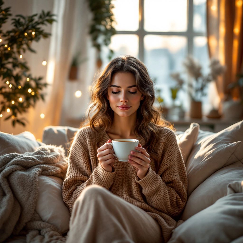 A woman enjoying tea in a peaceful, cozy setting.