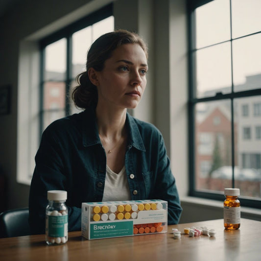 Woman by window, looking contemplative, with birth control pills on a table nearby.