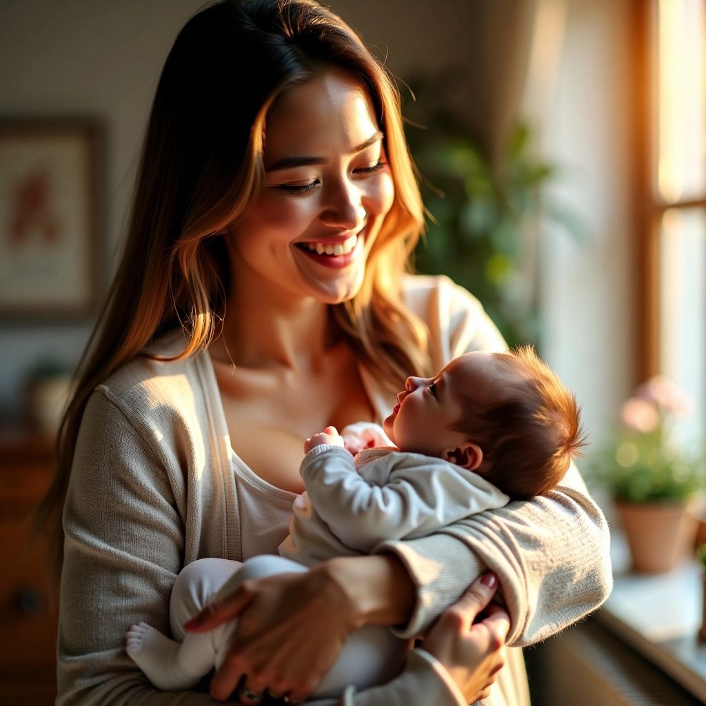 Mother holding newborn, both smiling.