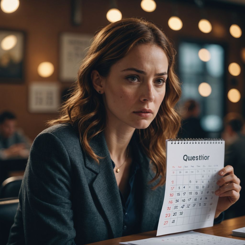 Concerned woman holding calendar with question marks around.