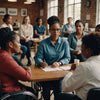 Diverse women with disabilities discussing period care in a supportive environment.