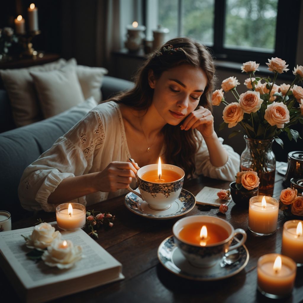 Woman enjoying tea, candles, and flowers during period week.