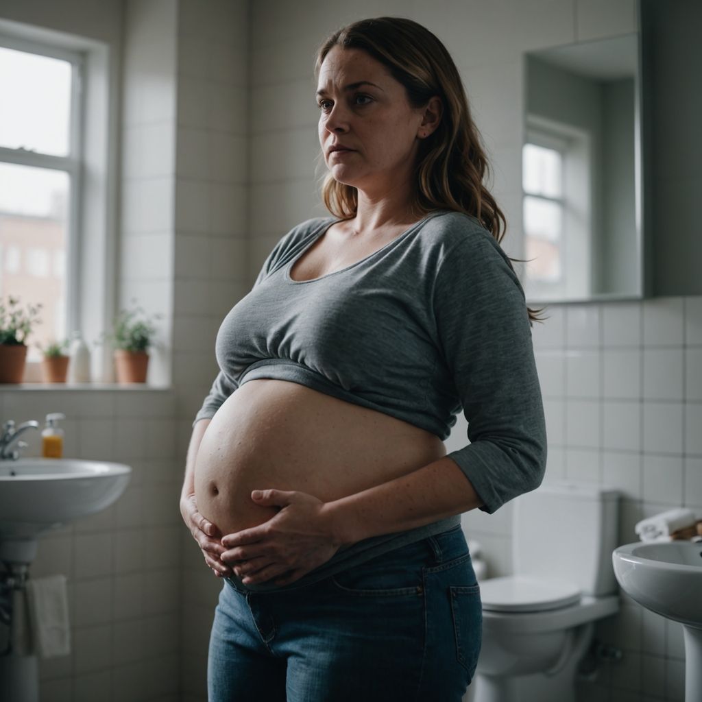 Pregnant woman holding belly, looking uncomfortable in bathroom.