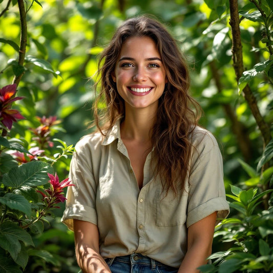 Laura Wells smiling in a green, natural environment.