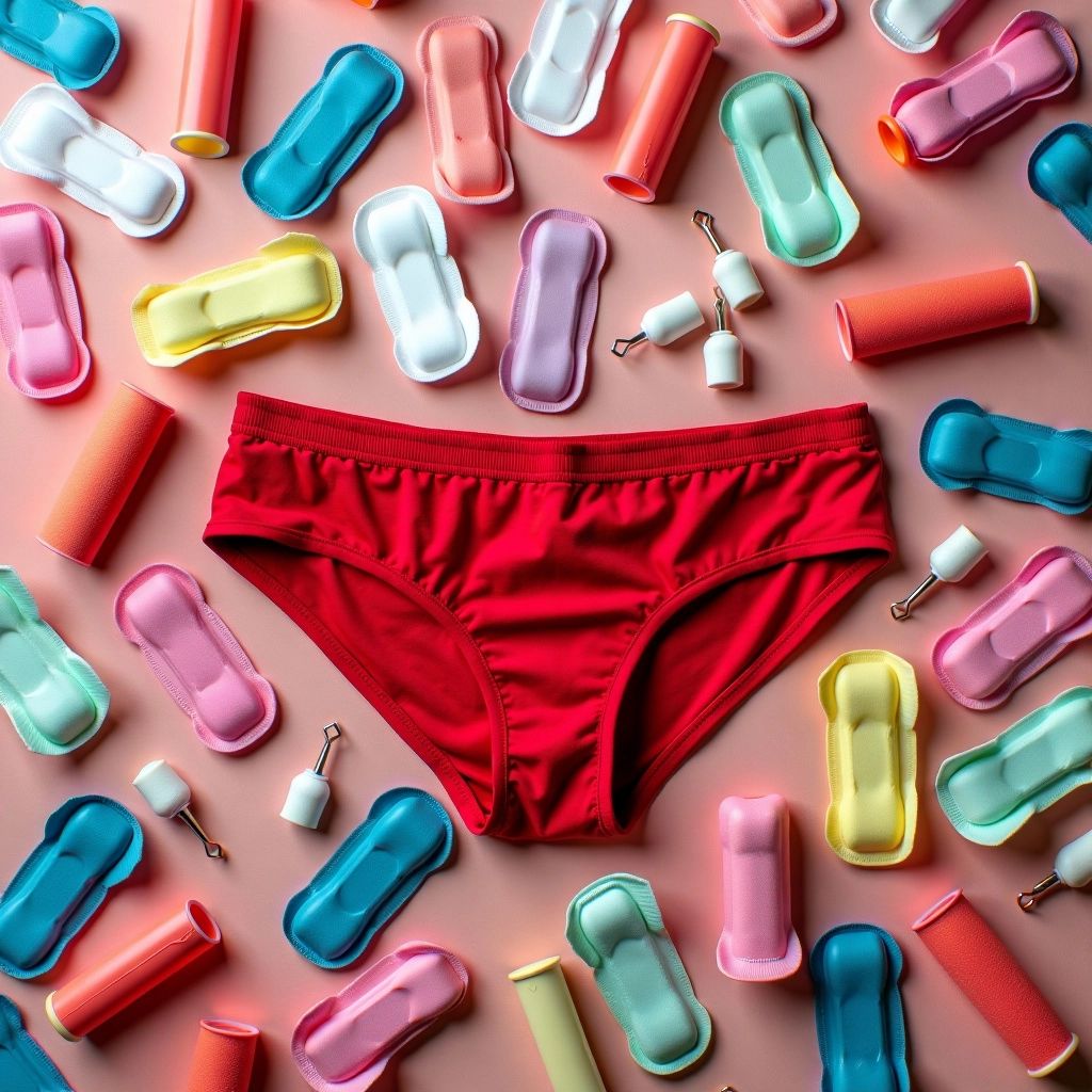 Red underwear with pads and tampons scattered around.