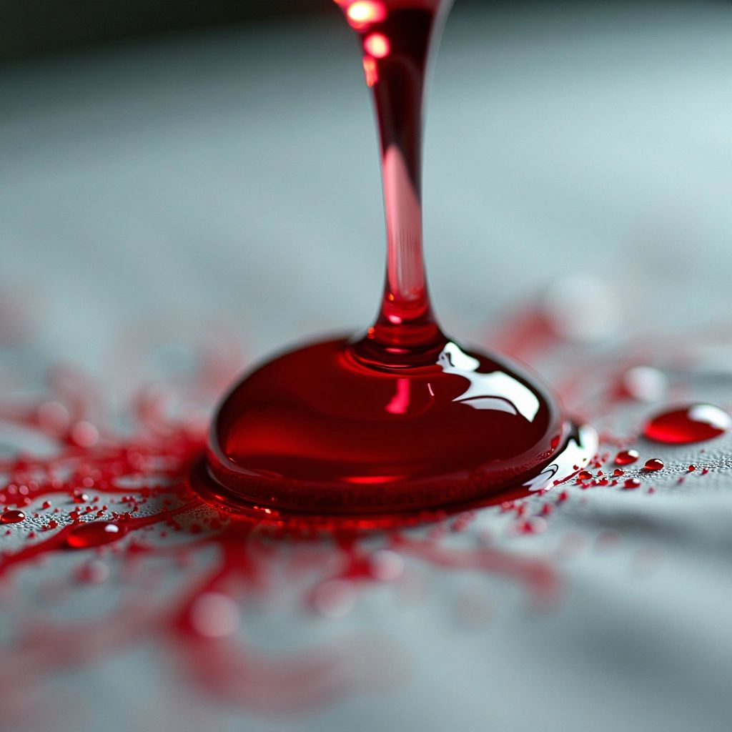 Close-up of a blood droplet on a white surface.