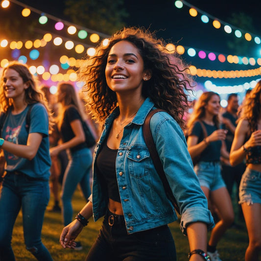 Young women dancing energetically at an outdoor music festival, surrounded by colorful lights and a lively crowd.