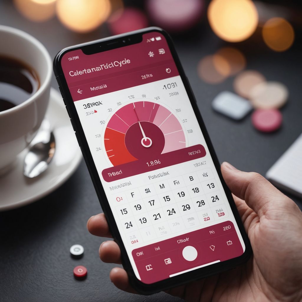 Phone showing menstrual cycle tracker app with calendar.