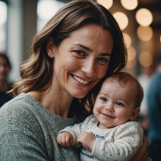 Mother holding baby, smiling, supportive text overlay