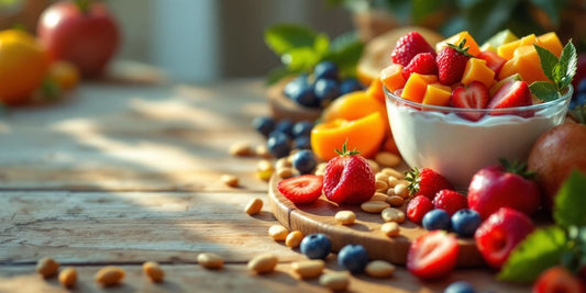 Colorful healthy snacks on a wooden table.