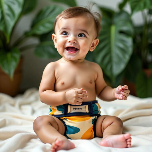 Baby in colorful cloth nappy on eco-friendly blanket