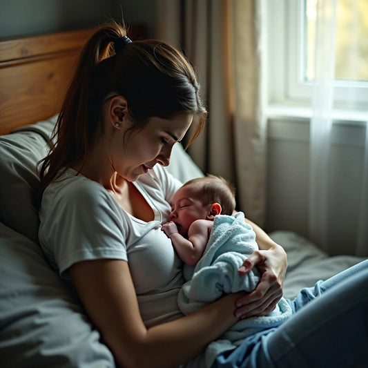 Tired mother cradling newborn in cozy room.