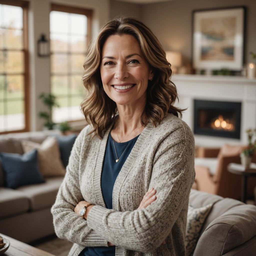 Confident woman smiling warmly in living room.