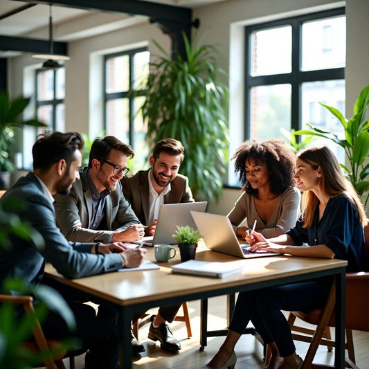 Diverse group collaborating in modern office.