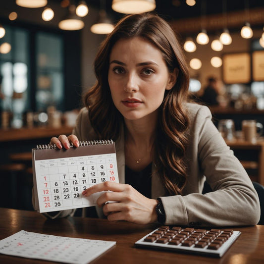 Woman craving chocolate holding a calendar with marked dates.