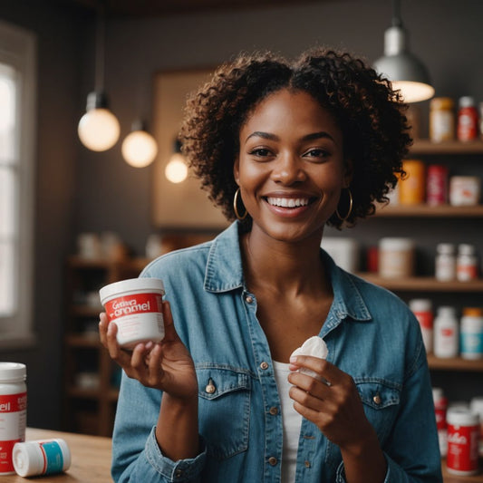 Confident Black woman holding period products, smiling brightly